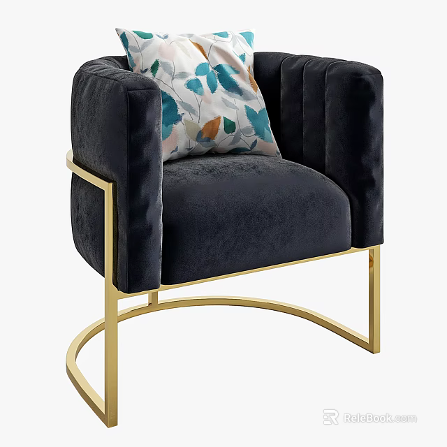 Dark Blue Velvet Single Sofa With Striped Armrests Golden Metal Frame And Leaf Patterned Pillow 3d model 