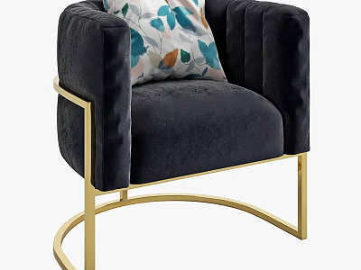Dark Blue Velvet Single Sofa With Striped Armrests Golden Metal Frame And Leaf Patterned Pillow 3d model