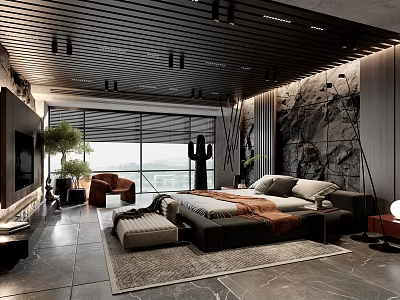 Modern Bedroom Interior With King Bed Stone Wall Large Windows And Floor Rug 3d model