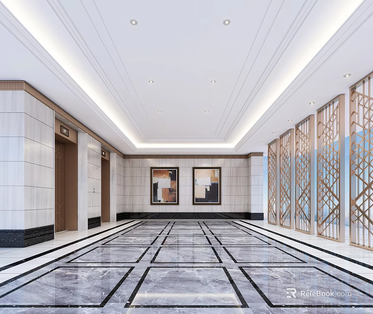 Elegant Elevator Lobby with Marble Floor Grid Pattern Elevator Doors Decorative Artworks and Metal Screens 3d model
