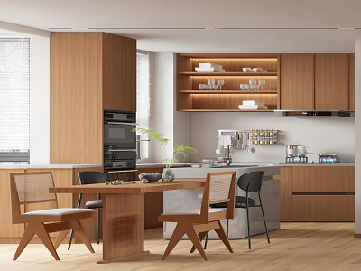 Cozy Restaurant Interior With Open Design Wooden Cabinets Dining Table Chairs And Green Plants 3d model
