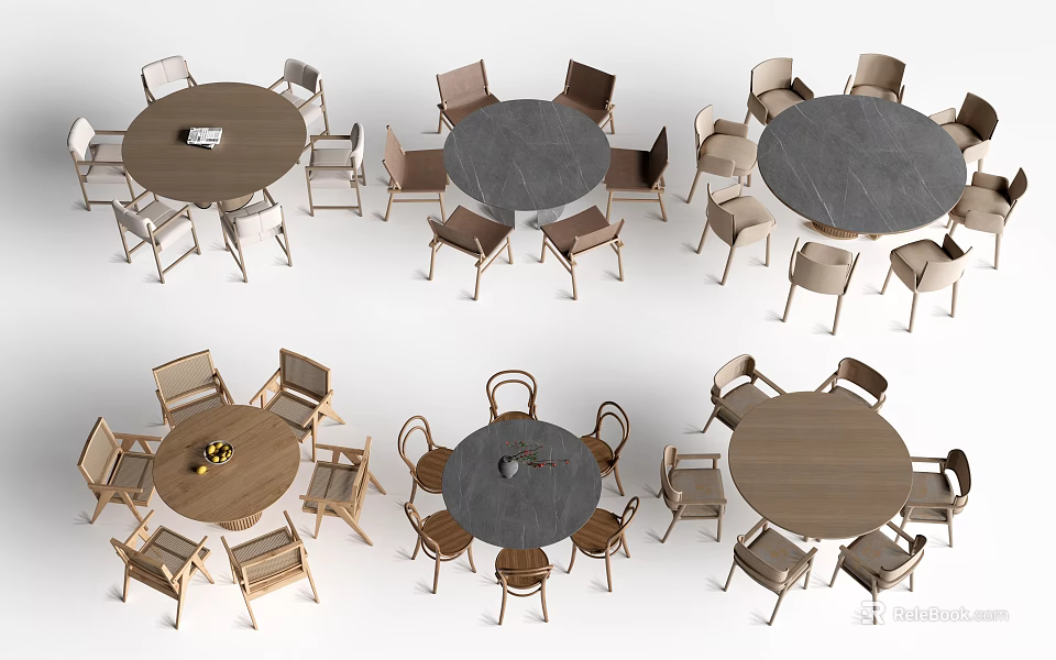 Multiple Round Dining Table Sets With Wooden Chairs And Marble Tops In Modern Design 3d model