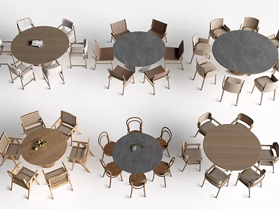 Multiple Round Dining Table Sets With Wooden Chairs And Marble Tops In Modern Design 3d model