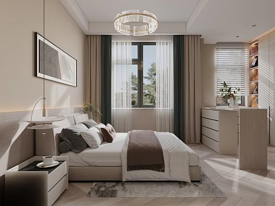Modern Bedroom Interior Design With Chandelier Large Bed Nightstand Window Rug And Decorative Painting 3d model