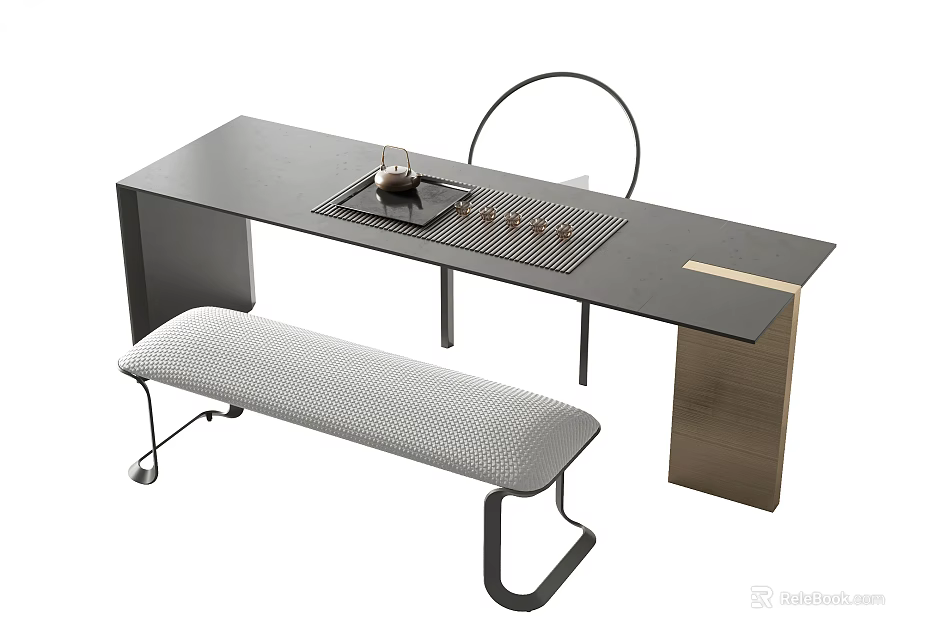 Modern Tea Table With Black Tabletop Metal Legs And Gray Upholstered Bench 3d model 