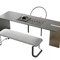 Modern Tea Table With Black Tabletop Metal Legs And Gray Upholstered Bench