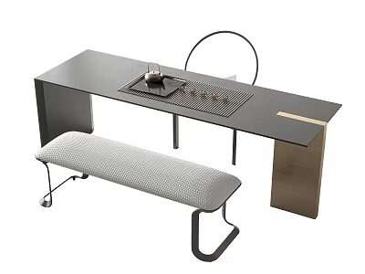 Modern Tea Table With Black Tabletop Metal Legs And Gray Upholstered Bench 3d model