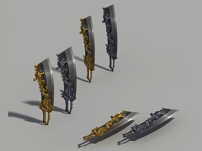 Five Gold And Black Ornate Bladed Weapons With Decorative Intricate Designs 3d model