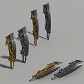 Five Gold And Black Ornate Bladed Weapons With Decorative Intricate Designs
