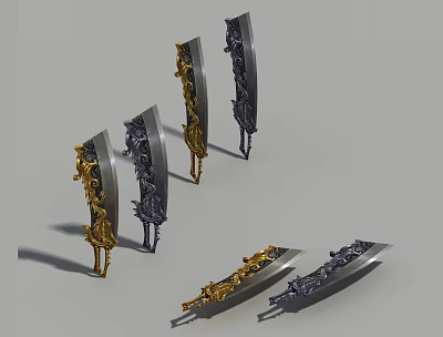 Five Gold And Black Ornate Bladed Weapons With Decorative Intricate Designs 3d model Five Gold And Black Ornate Bladed Weapons With Decorative Intricate Designs 3d model