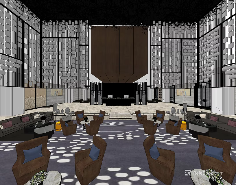 Modern Hotel Lobby Interior With Comfortable Seating Round Carpet And Decorative Walls 3d model 