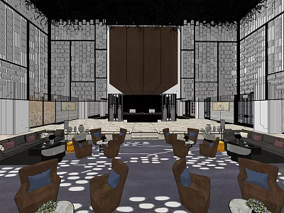 Modern Hotel Lobby Interior With Comfortable Seating Round Carpet And Decorative Walls 3d model
