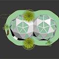 Cartoon Scene With White Geodesic Domes Green Trees And Orange Deer On Green Platform Base
