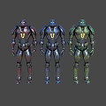 Three Futuristic Sci-Fi Robot Characters With Different Colored Mecha Armor Standing Pose