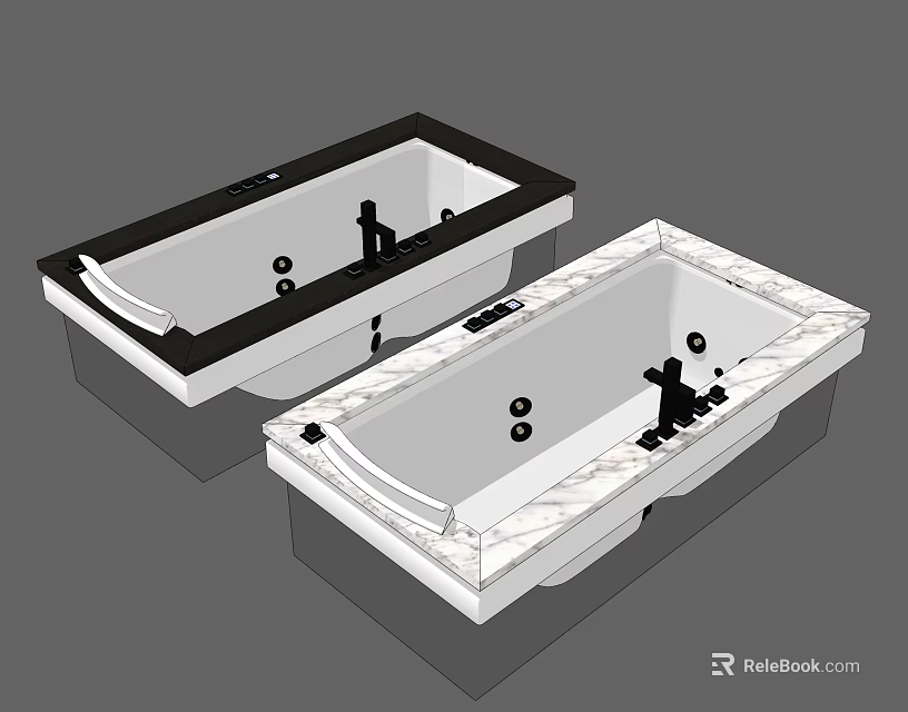 Modern Rectangular Bathtub Designs With Black And Marble Frames And Faucet Details 3d model 