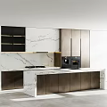 Modern Kitchen Interior With Marble Island Countertop Dark Wooden Cabinets Oven And Coffee Maker
