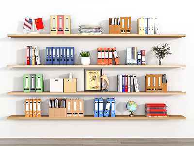 Colorful Folders Arranged On Wooden Shelves With Books Potted Plant Globe And Certificate 3d model