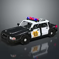 Police Car With Red And Blue Emergency Lights Black White Exterior And Side Badge