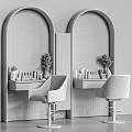 Cosmetic Medical Devices On Wooden Table With Arched Mirrors Gray Chairs And Golden Bases