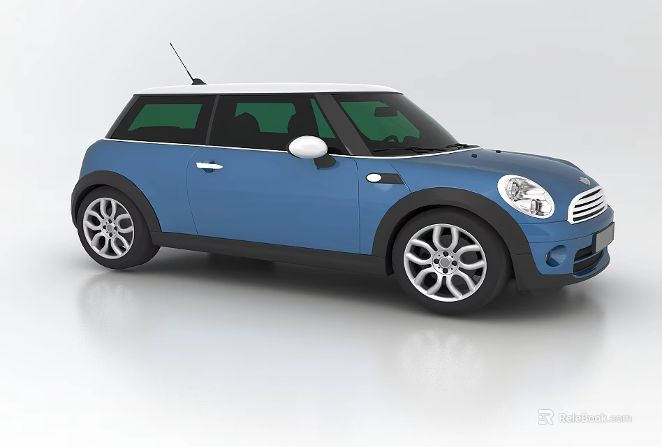 Blue Compact Hatchback Car With Black Roof Silver Wheels And Antenna 3d model 