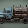 Old Blue Truck Loaded With Stacked Wood Logs For Building Materials