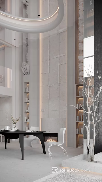 Modern Stone Fireplace Interior Design With Built in Bookshelves And Decorative Plants 3d model 