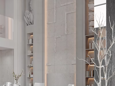 Modern Stone Fireplace Interior Design With Built in Bookshelves And Decorative Plants 3d model