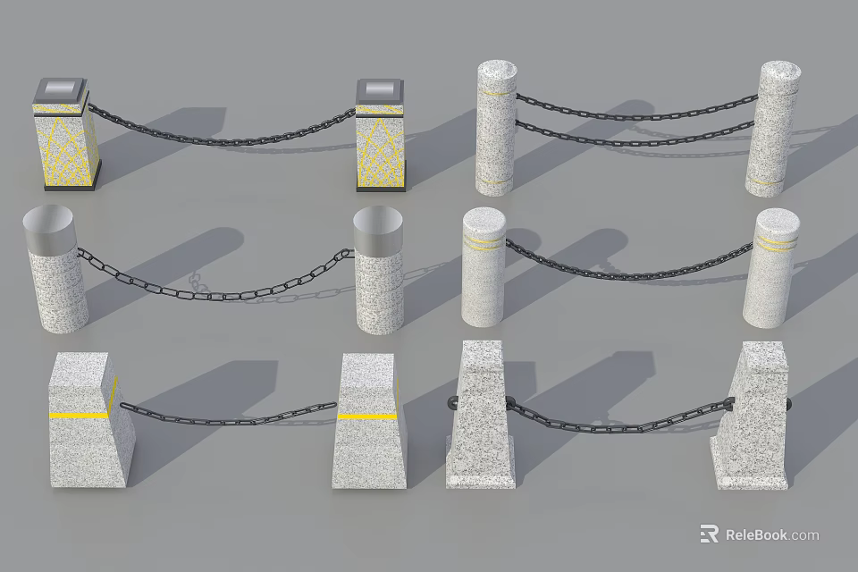 Gray Stone Bollards With Yellow Stripes And Chains For Road Safety 3d model 