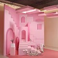 Pink Themed Live Stream Room With Stage Steps Arched Doorways And Flowers