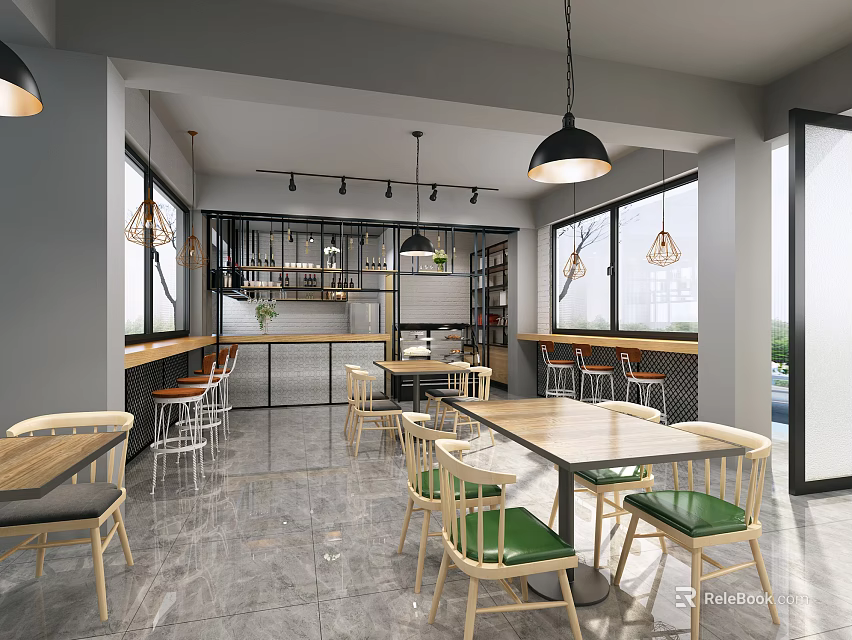 Modern Café Interior Design With Open Space Wooden Tables Green Chairs And Pendant Lights 3d model 