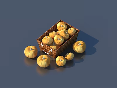Fresh Ripe Pumpkins in Wicker Basket and Scattered on Gray Surface 3d model