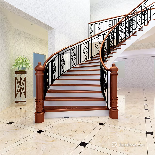 Spiral Staircase With Wooden Steps And Wrought Iron Railings In Hallway Marble Floor 3d model 