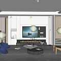 Modern Living Room Interior With Large TV Wall Fireplace Round Coffee Table And Blue Chair