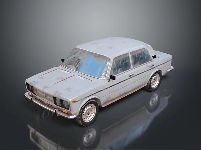 Vintage Silver Sedan with Rusty Exterior on Reflective Gray Background 3d model