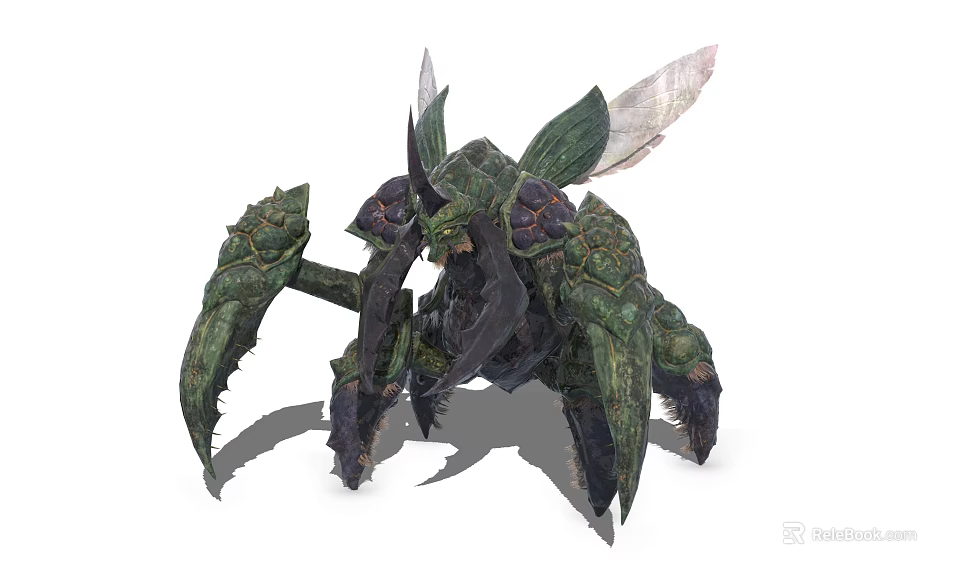 Fantasy Armored Creature Character With Green Exoskeleton Large Claws And Wings 3d model 