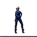 Woman In Blue Work Uniform With White Hard Hat Holding Tool And Knee Pads