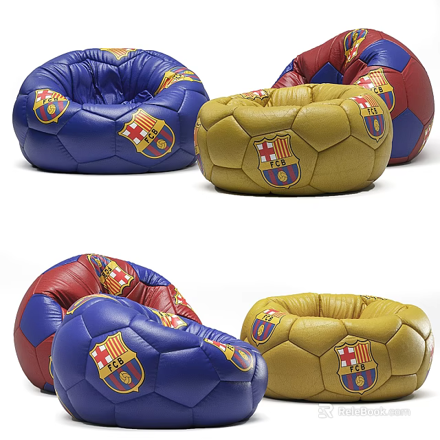 Colorful Football Shaped Bean Bag Chair In Blue Yellow Red With Barcelona Logo Design 3d model 