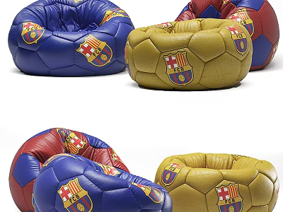Colorful Football Shaped Bean Bag Chair In Blue Yellow Red With Barcelona Logo Design 3d model