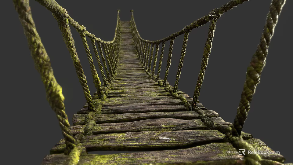 Rustic Suspension Bridge Structure With Mossy Wooden Planks And Rope Railings 3d model 