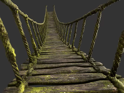 Rustic Suspension Bridge Structure With Mossy Wooden Planks And Rope Railings 3d model