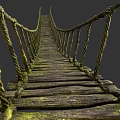 Rustic Suspension Bridge Structure With Mossy Wooden Planks And Rope Railings