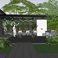 Outdoor Pergola Dining Area With Table Chairs Paved Floor Green Plants And Flowers