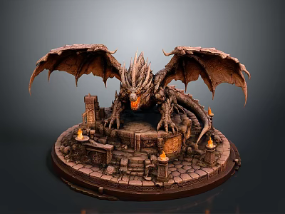 Mythical Dragon Statue On Stone Base With Candle Holders And Decorative Blocks 3d model