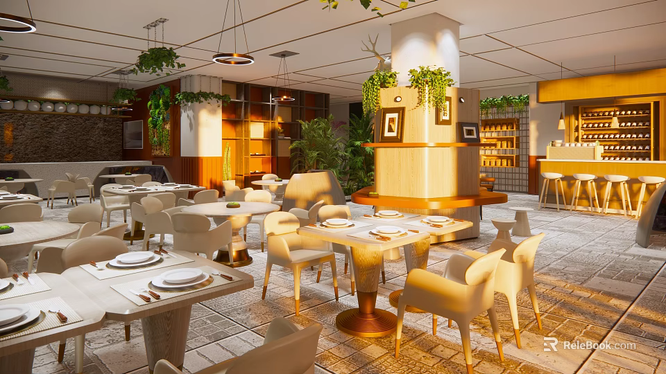 Elegant Modern Restaurant Interior Featuring Spacious Layout Tables Chairs Hanging Lights Green Plants And Decorative Artworks 3d model 