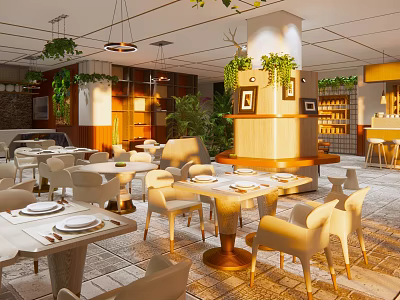 Elegant Modern Restaurant Interior Featuring Spacious Layout Tables Chairs Hanging Lights Green Plants And Decorative Artworks 3d model