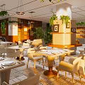 Elegant Modern Restaurant Interior Featuring Spacious Layout Tables Chairs Hanging Lights Green Plants And Decorative Artworks