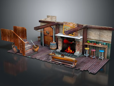 Cartoon Scene of Rustic Tavern Interior with Wooden Stairs Barrel Fireplace Flames and Stools 3d model