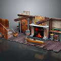 Cartoon Scene of Rustic Tavern Interior with Wooden Stairs Barrel Fireplace Flames and Stools