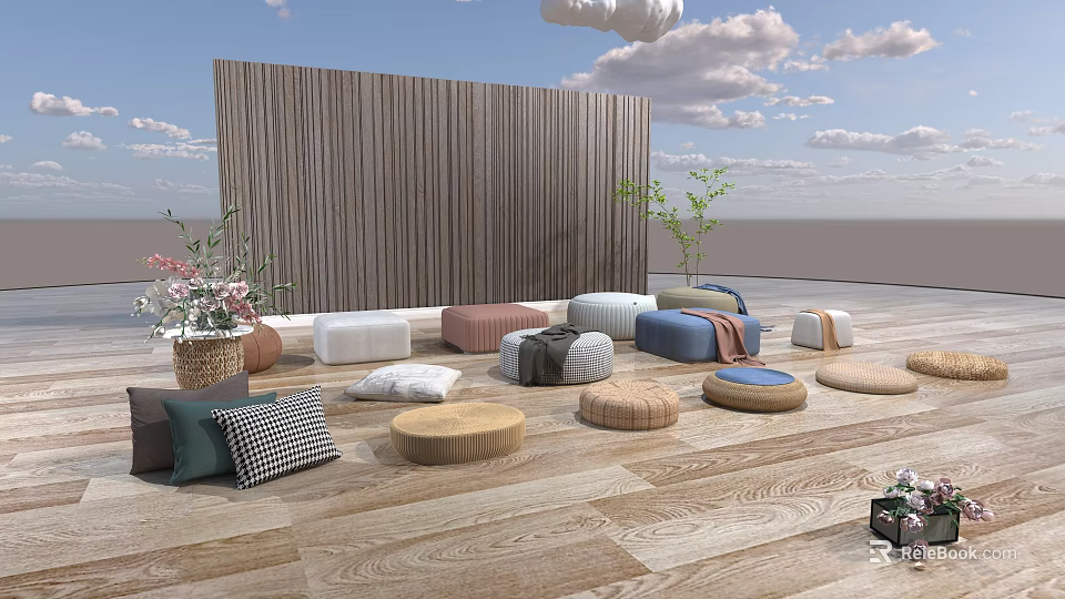Cozy Floor Cushions And Poufs With Wooden Wall And Plants On Wooden Floor 3d model 