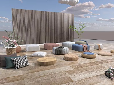 Cozy Floor Cushions And Poufs With Wooden Wall And Plants On Wooden Floor 3d model